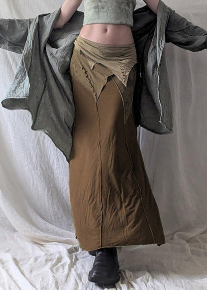 Open Waist Patchwork Elastic Skirt Side Brown Cotton Summer