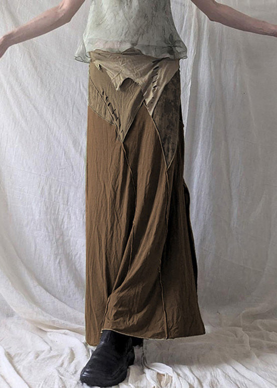 Open Waist Patchwork Elastic Skirt Side Brown Cotton Summer