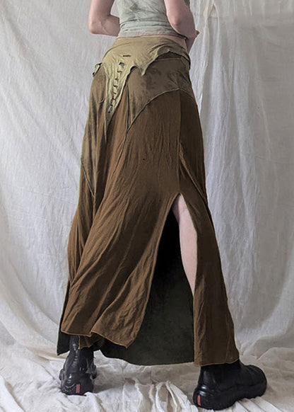 Open Waist Patchwork Elastic Skirt Side Brown Cotton Summer