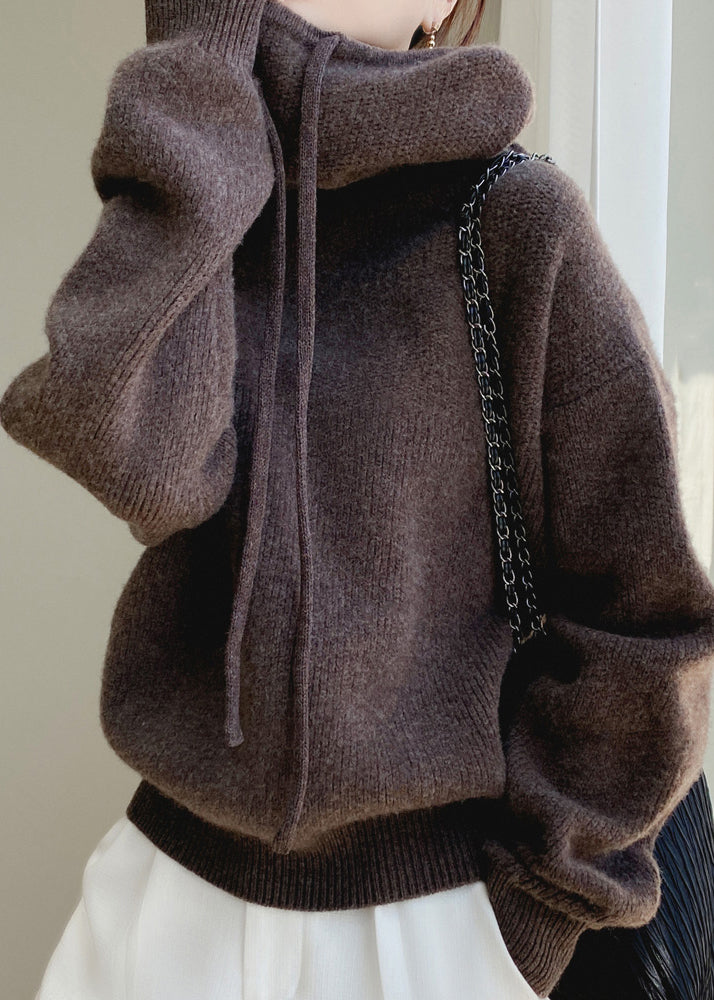 Hooded Knit Spring Cozy Sweater Brown Wool Solid