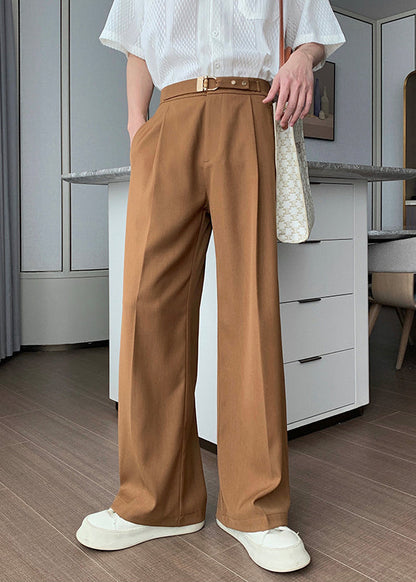 Solid Men High Brown Fall Waist Pants Spandex