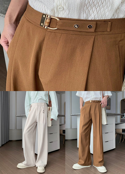 Solid Men High Brown Fall Waist Pants Spandex
