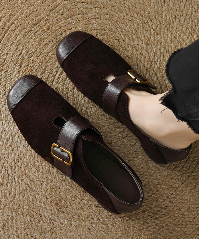 Brown Buckle Strap For Splicing Suede Women Chunky Loafers