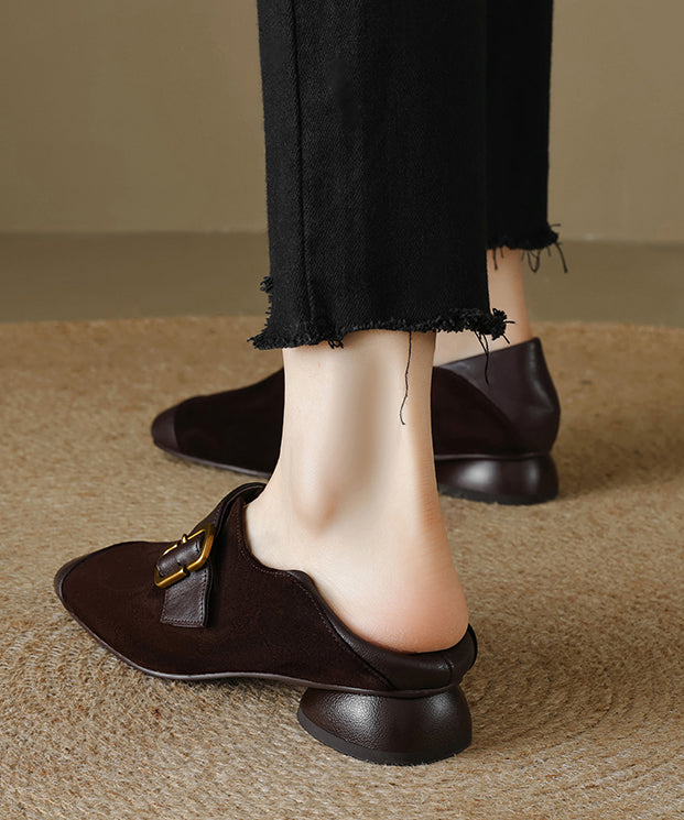 Brown Buckle Strap For Splicing Suede Women Chunky Loafers
