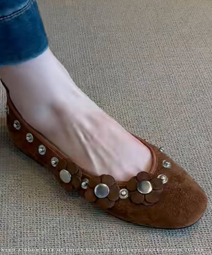 Splicing Suede Women Floral Brown Rivet Flat Shoes For