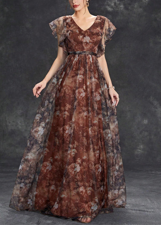Sleeve Brown Tulle Print Long Neck V Dress Short