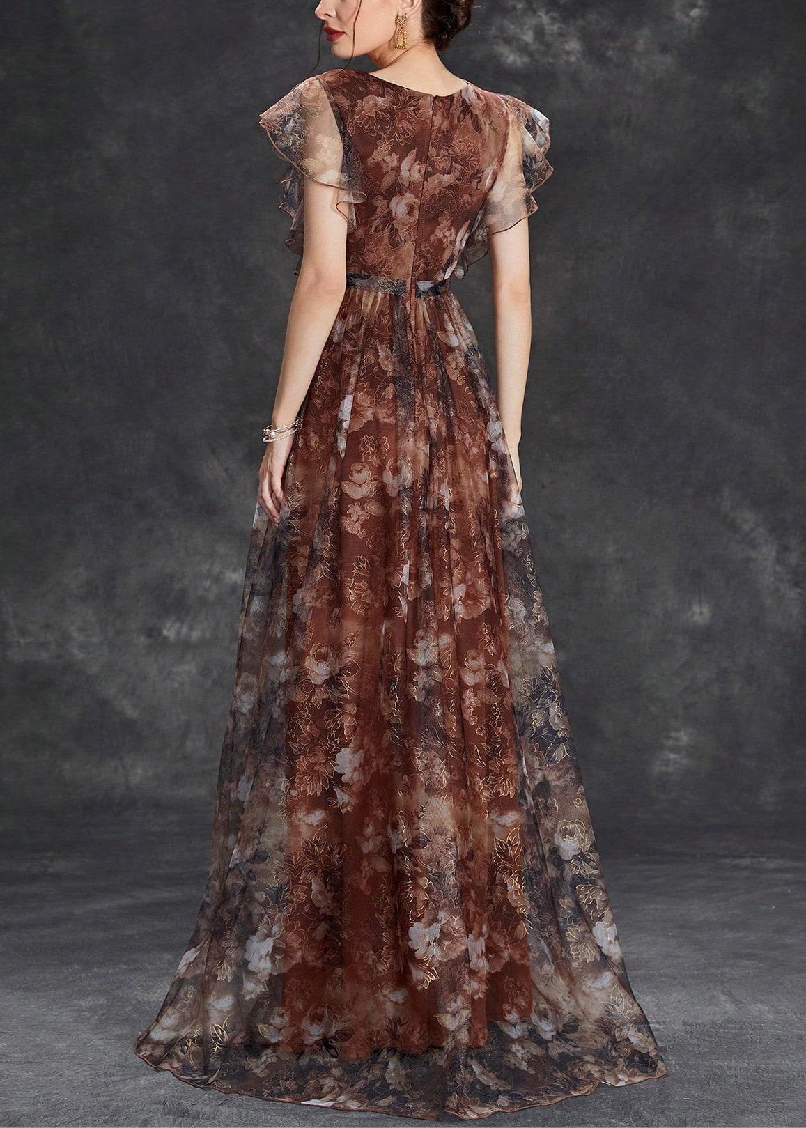 Sleeve Brown Tulle Print Long Neck V Dress Short