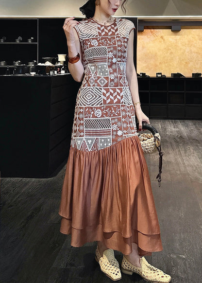 Brown Long Zippered Out Hollow Patchwork Dresses Cotton