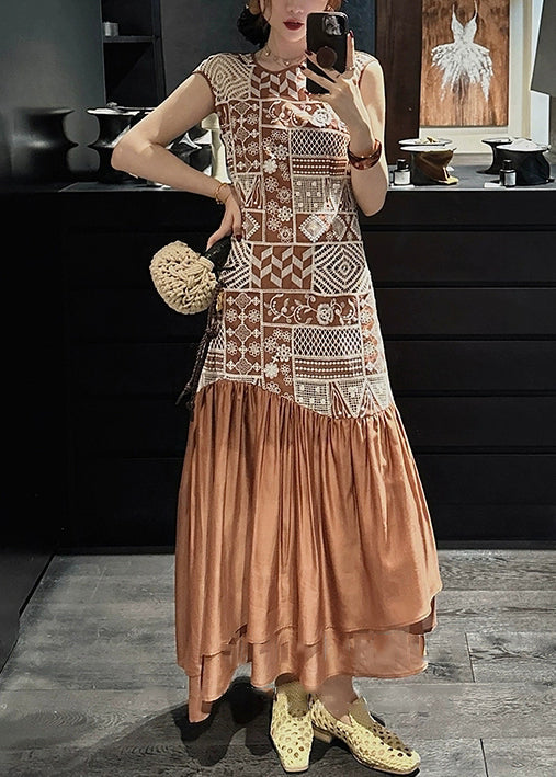 Brown Long Zippered Out Hollow Patchwork Dresses Cotton