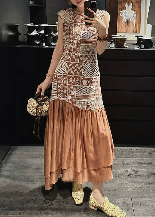 Brown Long Zippered Out Hollow Patchwork Dresses Cotton