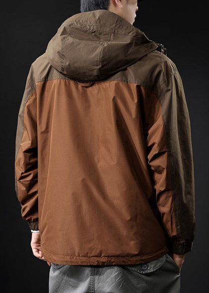 Coat Loose Men Hooded Zippered Pockets Brown Cotton Patchwork