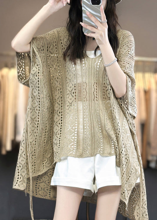 Neck Summer Camel Shirts Out V T Knit Hollow Side Open