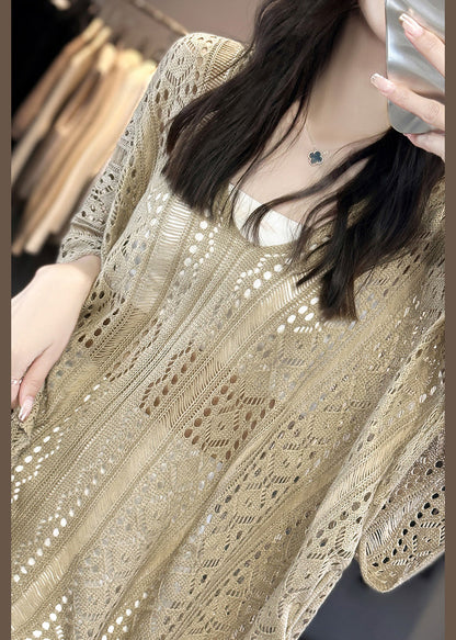 Neck Summer Camel Shirts Out V T Knit Hollow Side Open