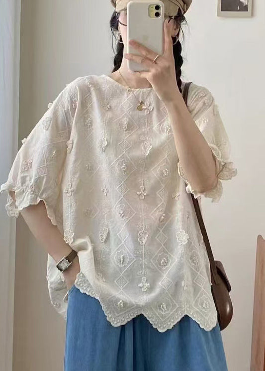Casual Jacquard Top Apricot Summer Oversized Cotton