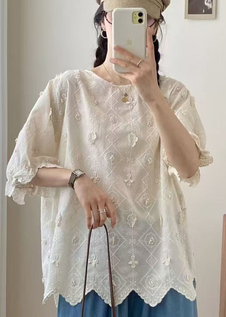Casual Jacquard Top Apricot Summer Oversized Cotton