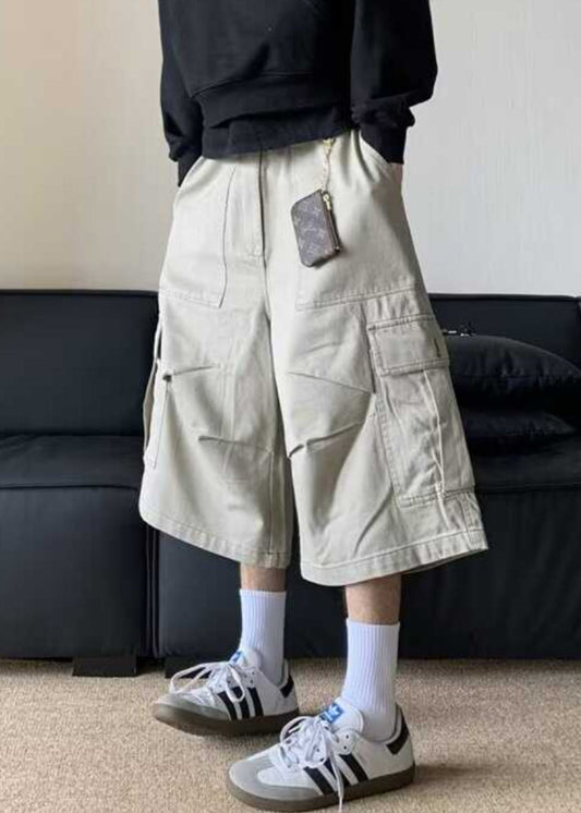 Waist Crop Pants Casual Apricot High Pockets Summer Men Cotton