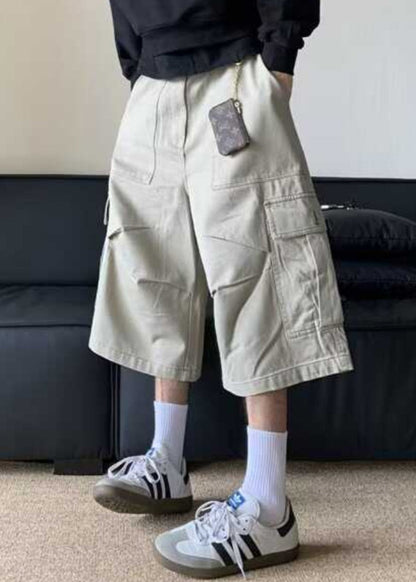 Waist Crop Pants Casual Apricot High Pockets Summer Men Cotton