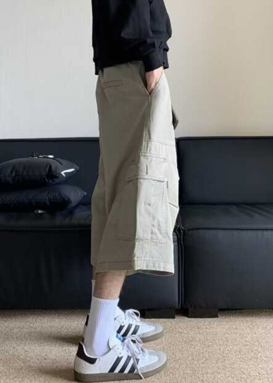 Waist Crop Pants Casual Apricot High Pockets Summer Men Cotton