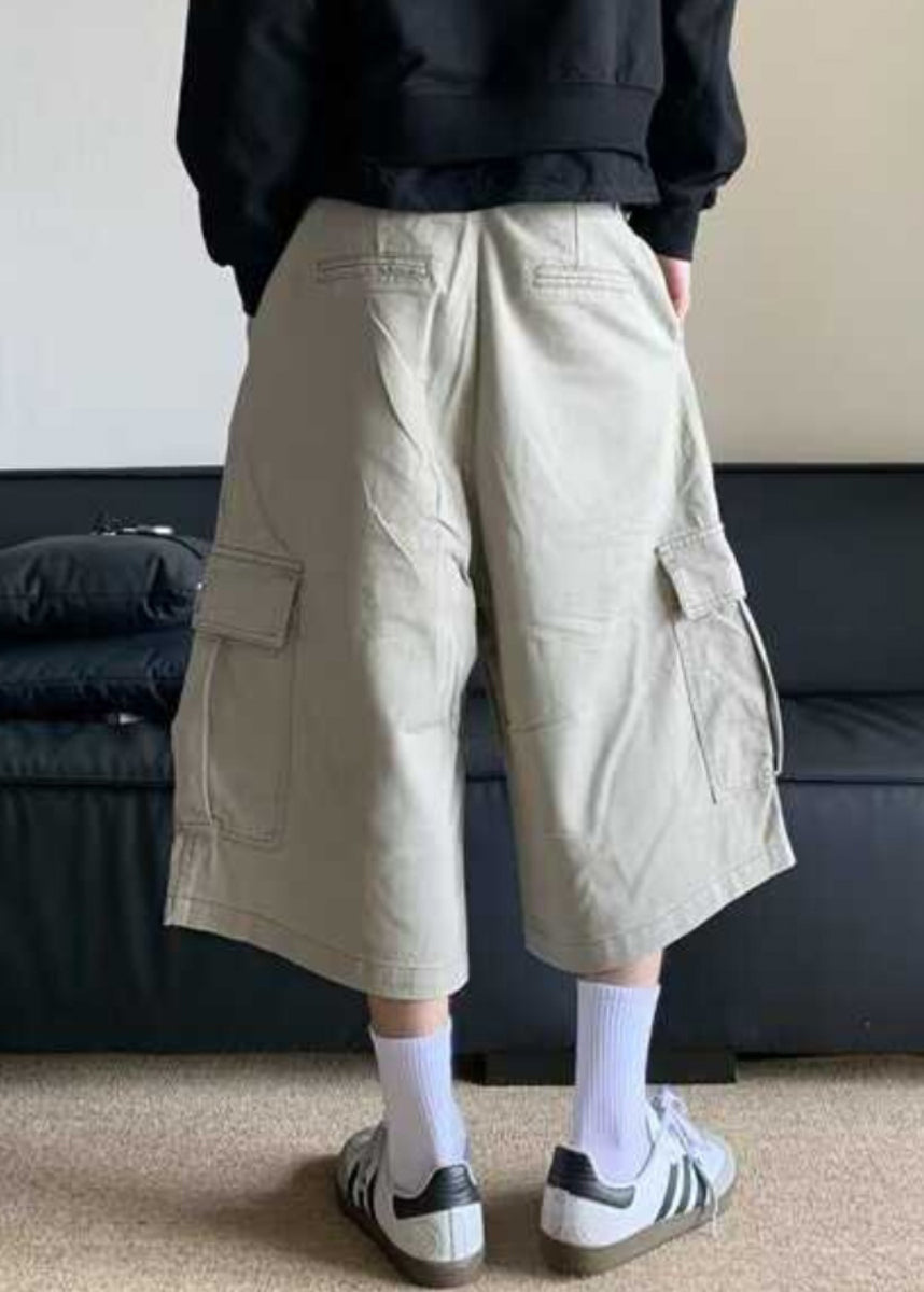 Waist Crop Pants Casual Apricot High Pockets Summer Men Cotton