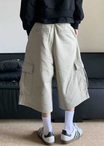 Waist Crop Pants Casual Apricot High Pockets Summer Men Cotton