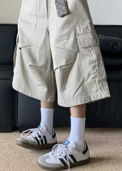 Waist Crop Pants Casual Apricot High Pockets Summer Men Cotton