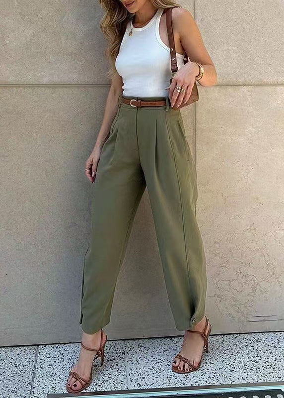 Pants Harem Army High Casual Waist Green Fall Cotton