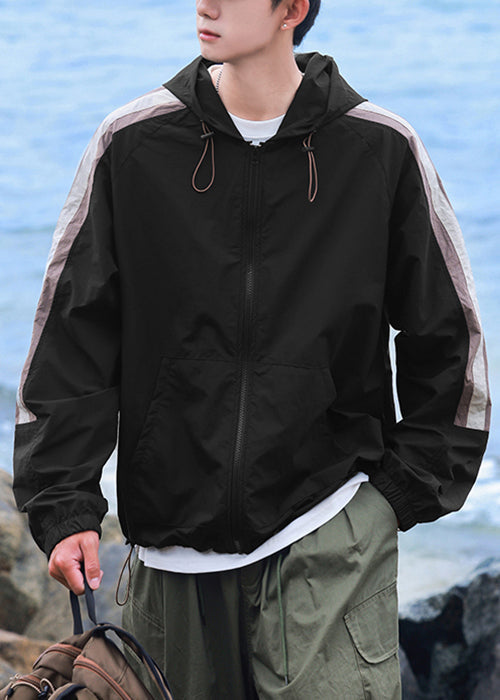 Casual Beige Coat Ice Striped 50+ Patchwork Silk Hooded UPF Mens