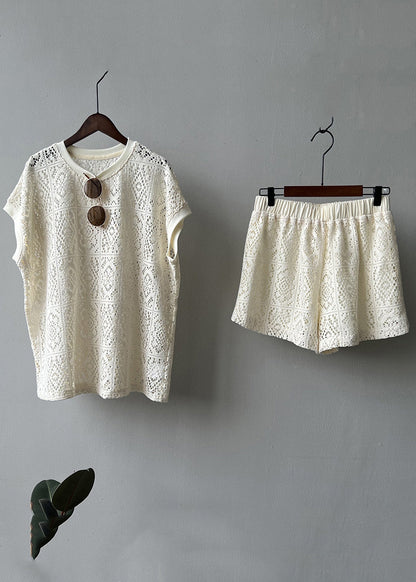 And Hollow Beige Pieces Set O-Neck Casual Two Shorts Top Out