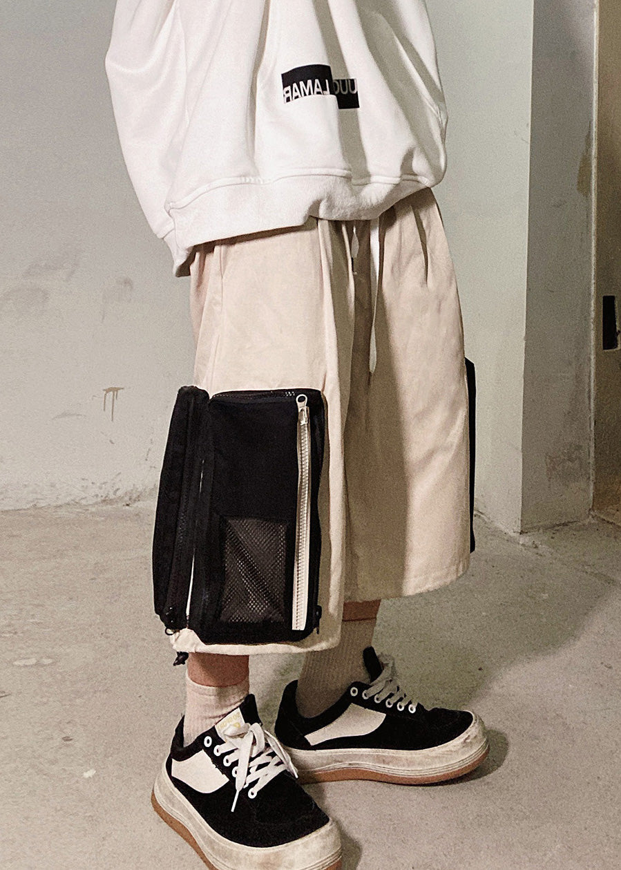 Up Beige Zip Casual Oversized Pockets Summer Shorts Cotton Men