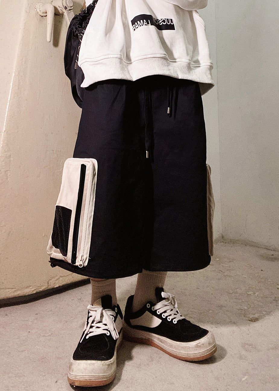 Up Beige Zip Casual Oversized Pockets Summer Shorts Cotton Men