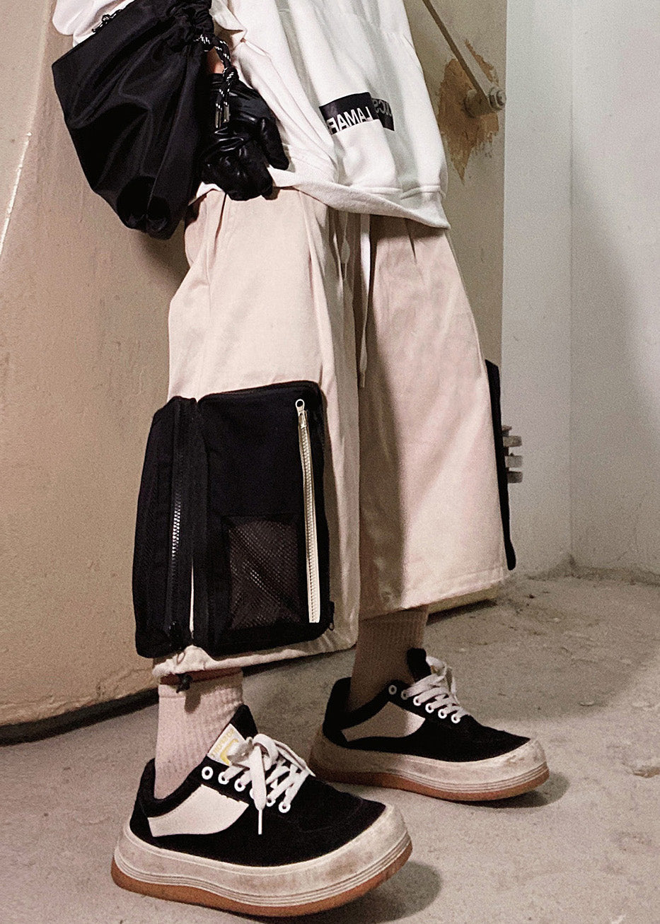 Up Beige Zip Casual Oversized Pockets Summer Shorts Cotton Men