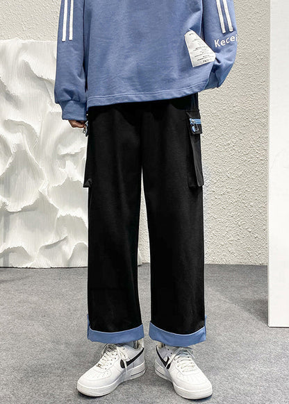 Cotton Pockets Beige Patchwork Zip Up Men Casual Crop Pants