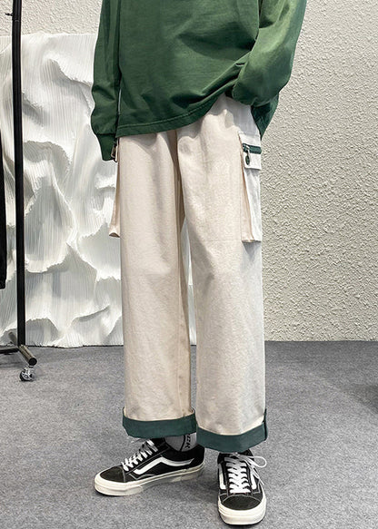 Cotton Pockets Beige Patchwork Zip Up Men Casual Crop Pants