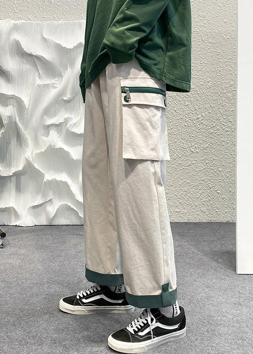 Cotton Pockets Beige Patchwork Zip Up Men Casual Crop Pants