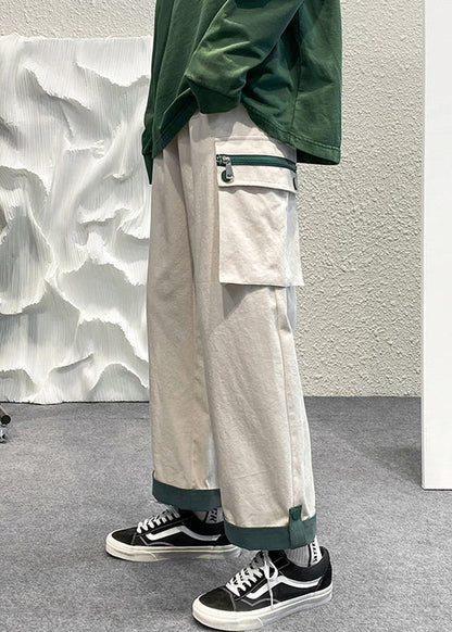 Cotton Pockets Beige Patchwork Zip Up Men Casual Crop Pants