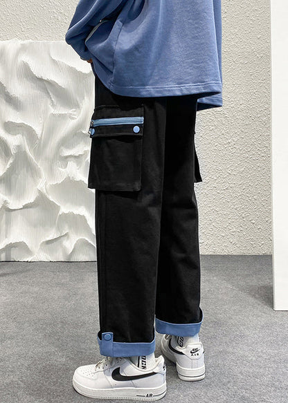 Cotton Pockets Beige Patchwork Zip Up Men Casual Crop Pants