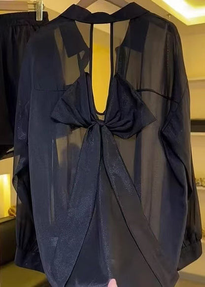 Summer Backless Sheer Blouses Chiffon Casual Black Bow