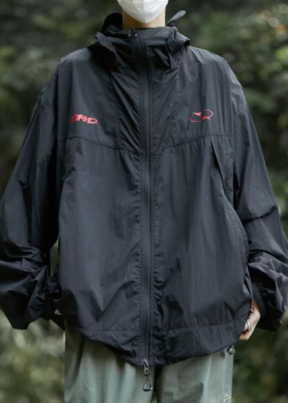 Men UPF Zippered Hooded Summer Print Casual Coat 50+ Black