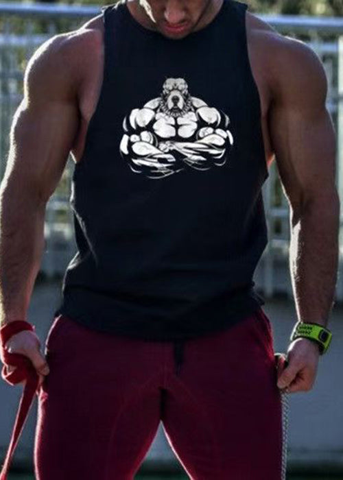 Print Men Tank O Black Sleeveless Casual Cotton Neck