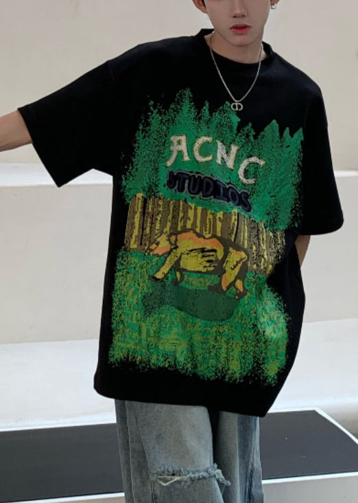 Casual Half Print Black Men's Cotton Shirts O-Neck T Sleeve