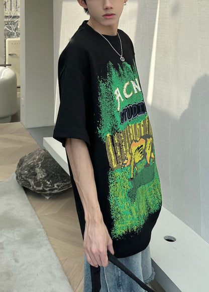 Casual Half Print Black Men's Cotton Shirts O-Neck T Sleeve