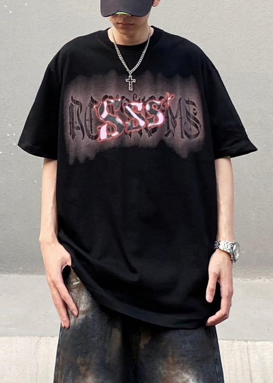 Casual Men Neck Summer Cotton Print Black O Shirt T