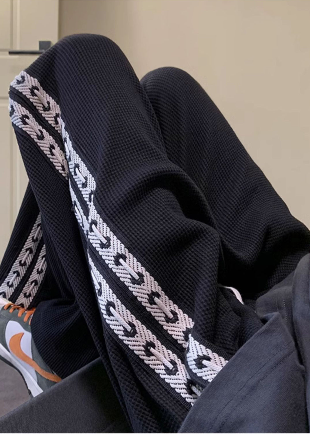 Men Spring Black Pants Cotton Patchwork Casual Oversized