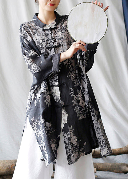 Casual Black Oversized Print Linen Oriental Cardigan Spring TM008