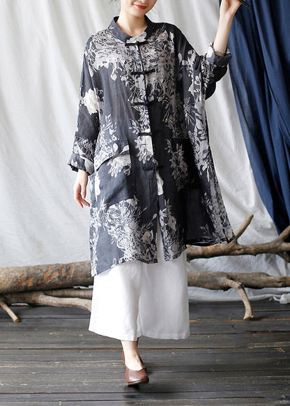 Casual Black Oversized Print Linen Oriental Cardigan Spring TM008