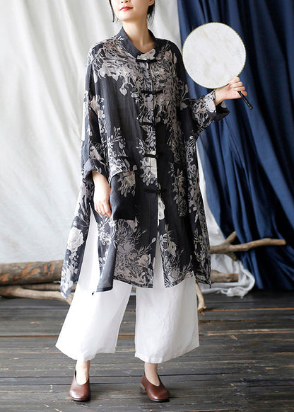 Casual Black Oversized Print Linen Oriental Cardigan Spring TM008