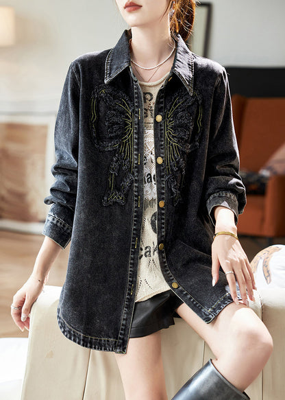 Spring Peter Denim Black Collar Pan Button Casual Patchwork Coats
