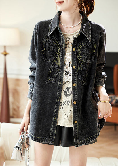 Spring Peter Denim Black Collar Pan Button Casual Patchwork Coats