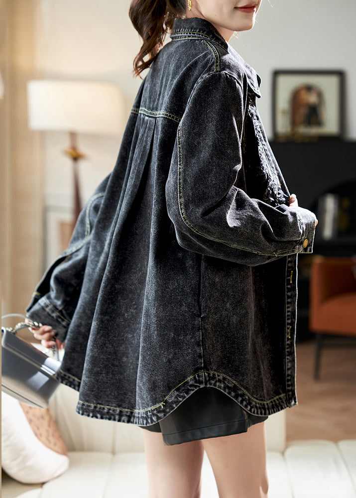 Spring Peter Denim Black Collar Pan Button Casual Patchwork Coats