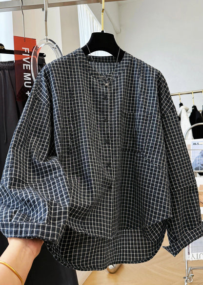 Shirt Plaid Fall Pockets Cotton Collar Top Casual Stand Black